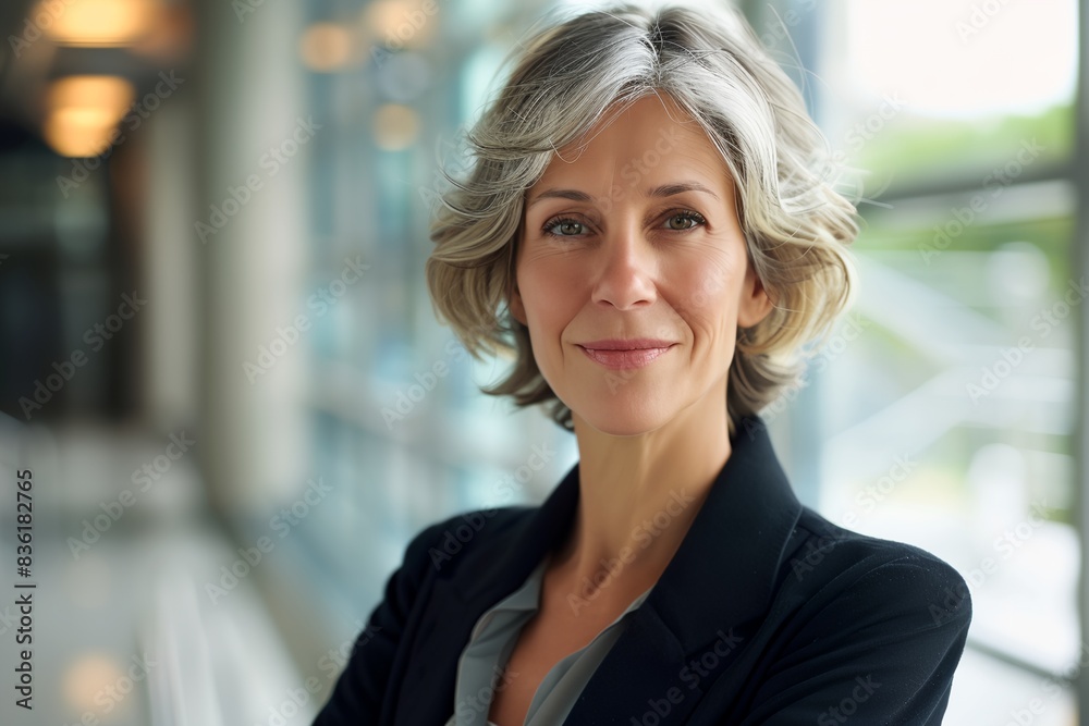 woman with a black jacket and a gray shirt is smiling at the camera with her arms crossed woman with a black jacket and a gray shirt is smiling at the camera with her arms crossed
