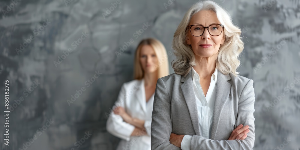 two women standing next to each other in front of a wall with a gray background two women standing next to each other in front of a wall with a gray background