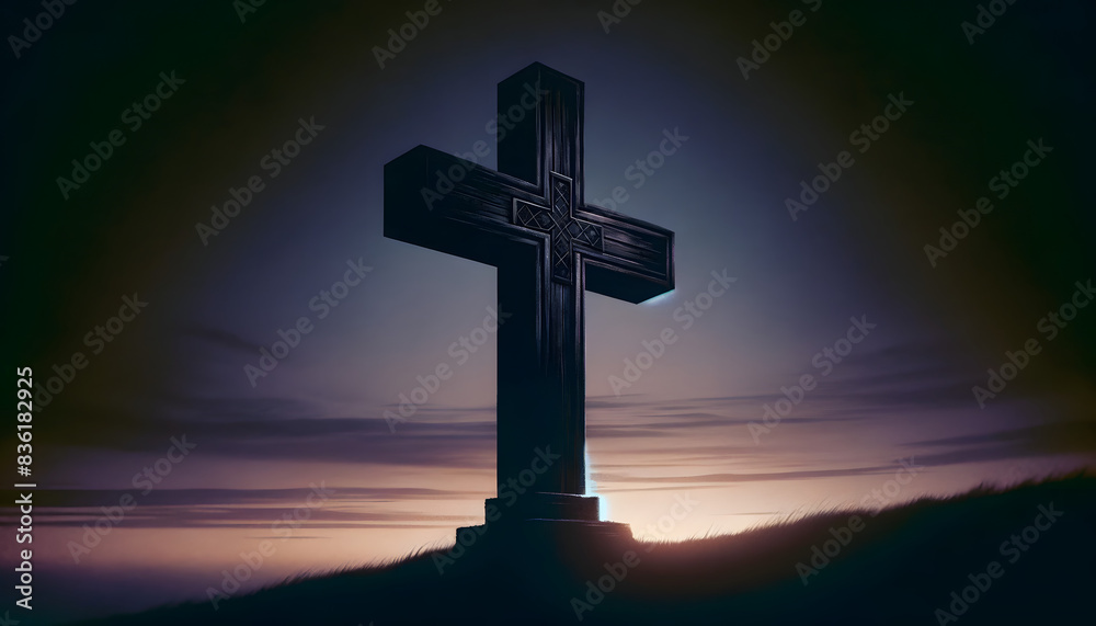 Cross Standing on Hill at Twilight with Atmospheric Sky Cross Standing on Hill at Twilight with Atmospheric Sky