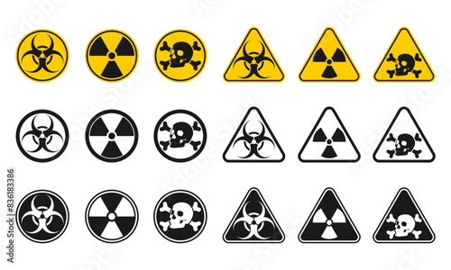 Danger signs vector set. Radiation sign, Biohazard sign, Toxic sign. vector illustration isolated on white background.