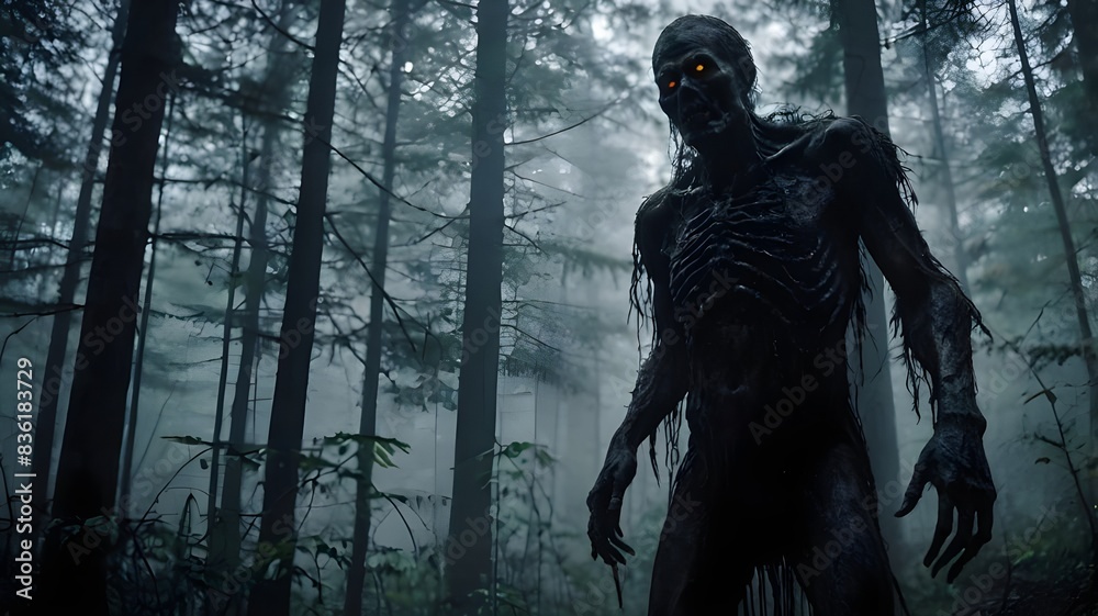 Humanoid monsters in the misty forest. A zombie is found in the dark forest. Horror or halloween concept. Tall, strange and scary human silhouettes. Death awaits. Generative AI Humanoid monsters in the misty forest. A zombie is found in the dark forest. Horror or halloween concept. Tall, strange and scary human silhouettes. Death awaits. Generative AI