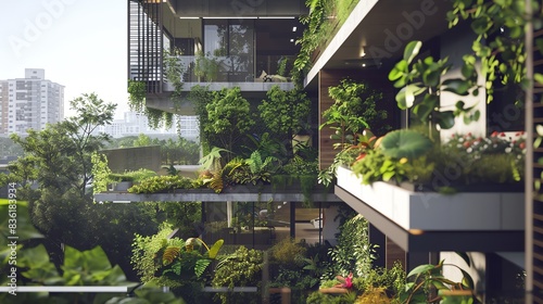 Modern apartment building with green balconies and lush vegetation, creating a sustainable and eco-friendly urban environment. photo