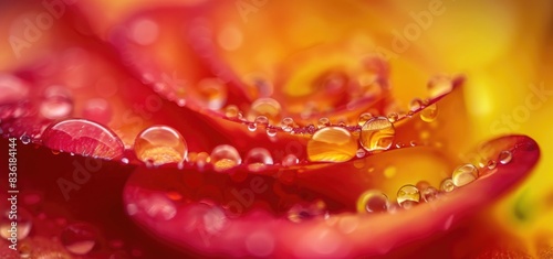 Abstract spiral of water drops on petal macro photo  red and yellow background
