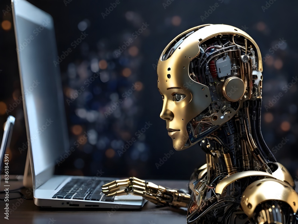 A 3D rendered futuristic android, isolated against a black background, works on a laptop A 3D rendered futuristic android, isolated against a black background, works on a laptop