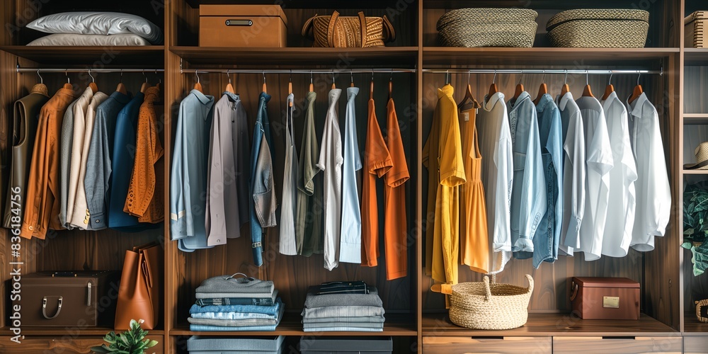 closet with a variety of clothes hanging on a rail and a basket on the floor
