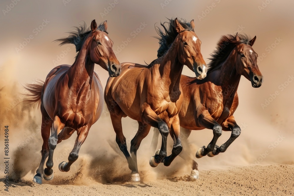 High-quality photo of three beautiful horses galloping across a sandy field, equestrian theme High-quality photo of three beautiful horses galloping across a sandy field, equestrian theme