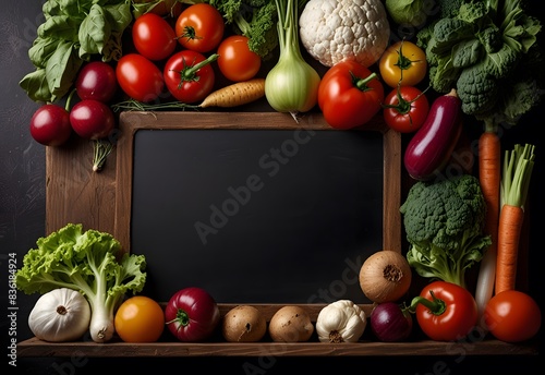 A colorful variety of fresh vegetables, like tomatoes and peppers, are displayed on a blackboard in a market style setting