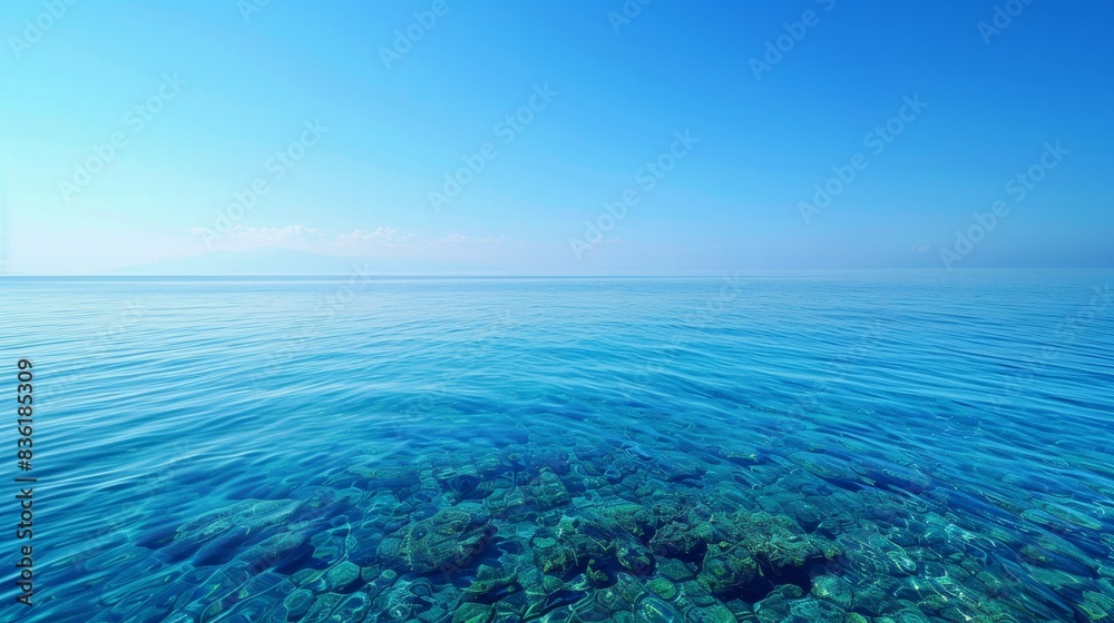 Obraz premium Tranquil blue mediterranean ocean and clear sky in high-quality photograph available for sale