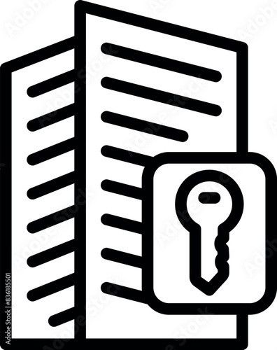 Black and white icon of a secured document with a key symbol, symbolizing safety and privacy