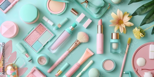 A playful, pastel-themed flat lay of makeup products and accessories generated by AI