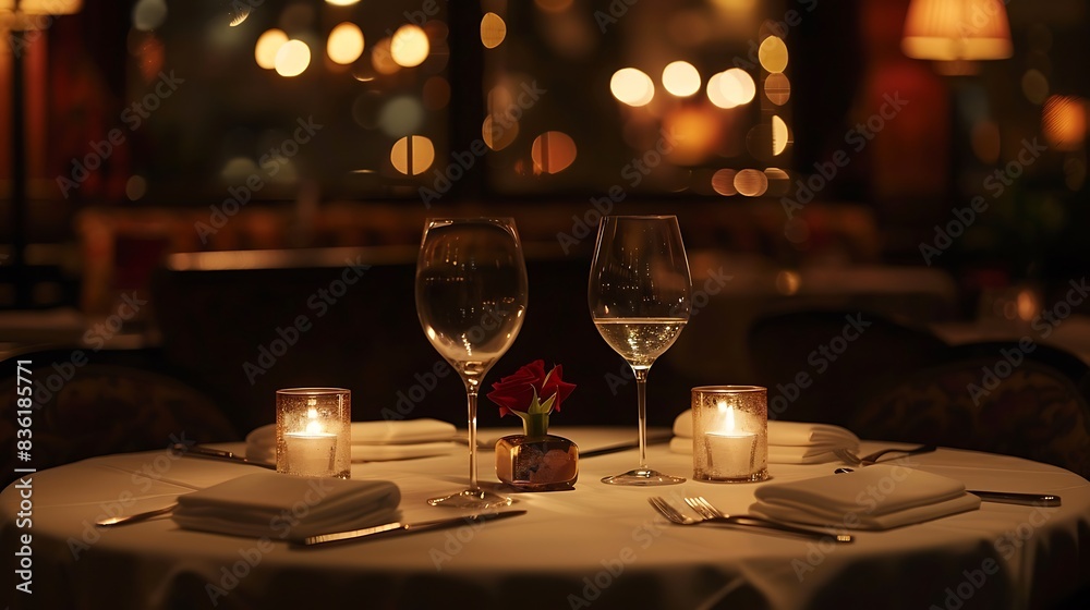 Elegant table setup in a dimly lit restaurant, romantic ambiance. Elegant table setup in a dimly lit restaurant, romantic ambiance.