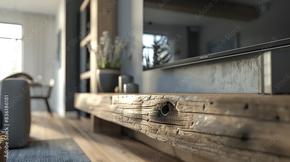 Rustic wooden shelf in modern living room. Rustic wooden shelf in modern living room.