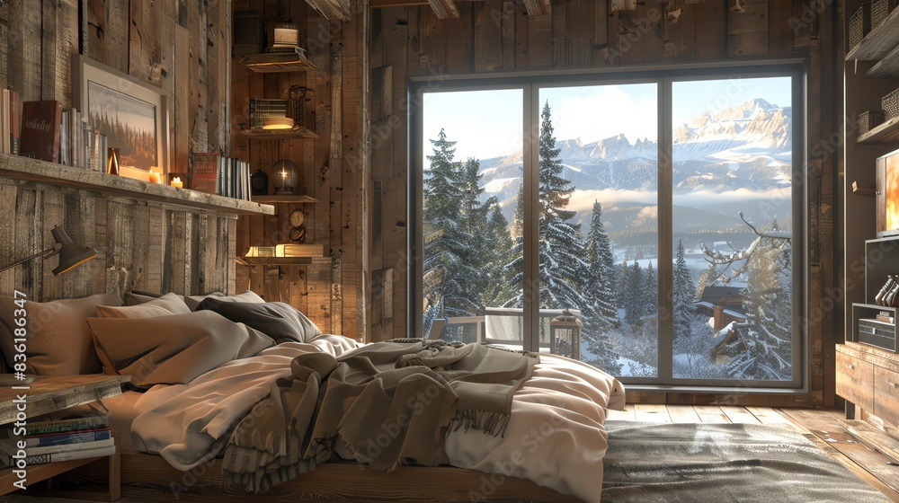 Cozy cabin bedroom with large window overlooking snowy mountain landscape. Cozy cabin bedroom with large window overlooking snowy mountain landscape.