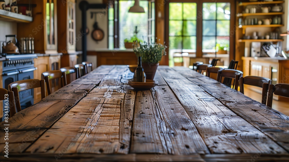 Rustic wooden table with a vase of wildflowers in a kitchen with a view Rustic wooden table with a vase of wildflowers in a kitchen with a view