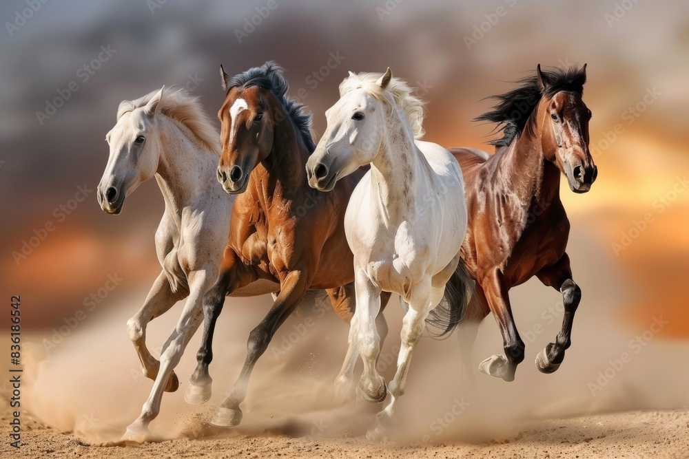 Three majestic horses galloping wildly in the vast desert landscape under the clear blue sky Three majestic horses galloping wildly in the vast desert landscape under the clear blue sky