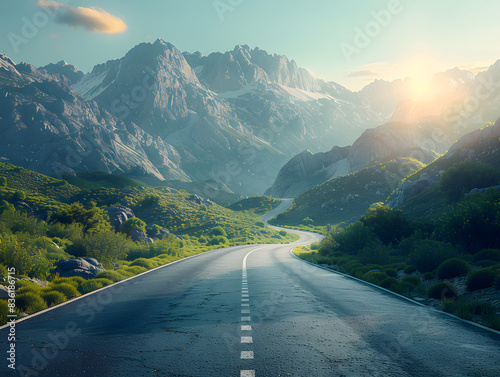 panoramic view of a winding mountain road, with the sun. The road is surrounded by a lush, green landscape. photo