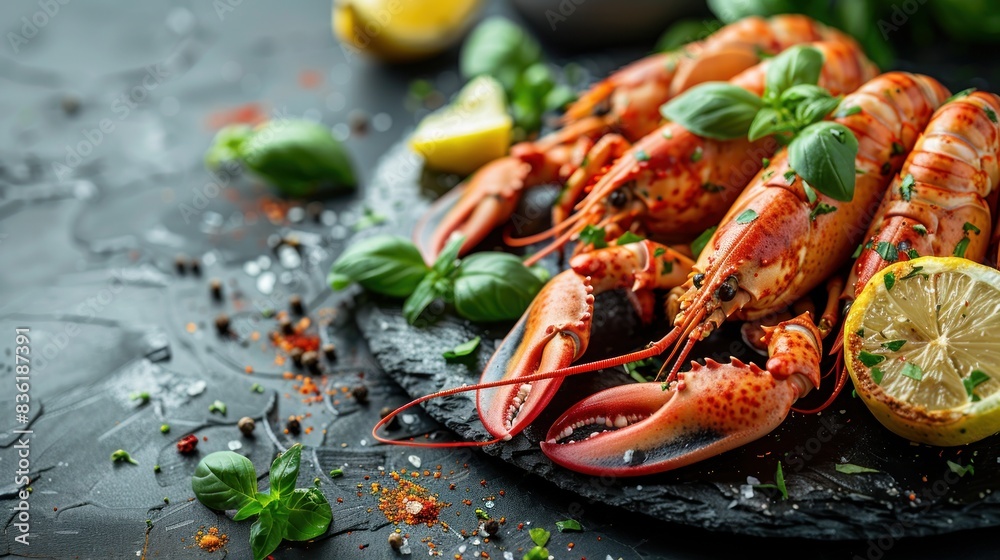 Luxurious boiled spiny lobster with spices, basil and lemon on a black stone plate. Luxurious boiled spiny lobster with spices, basil and lemon on a black stone plate.