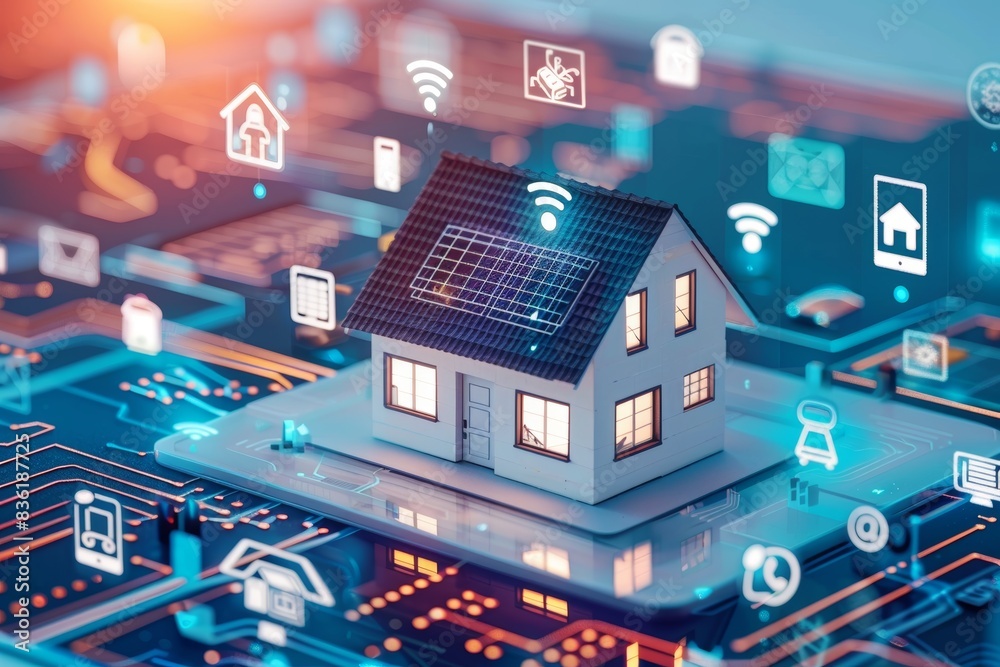 Obraz premium Smart home technology concept with wireless connections to home electronics devices