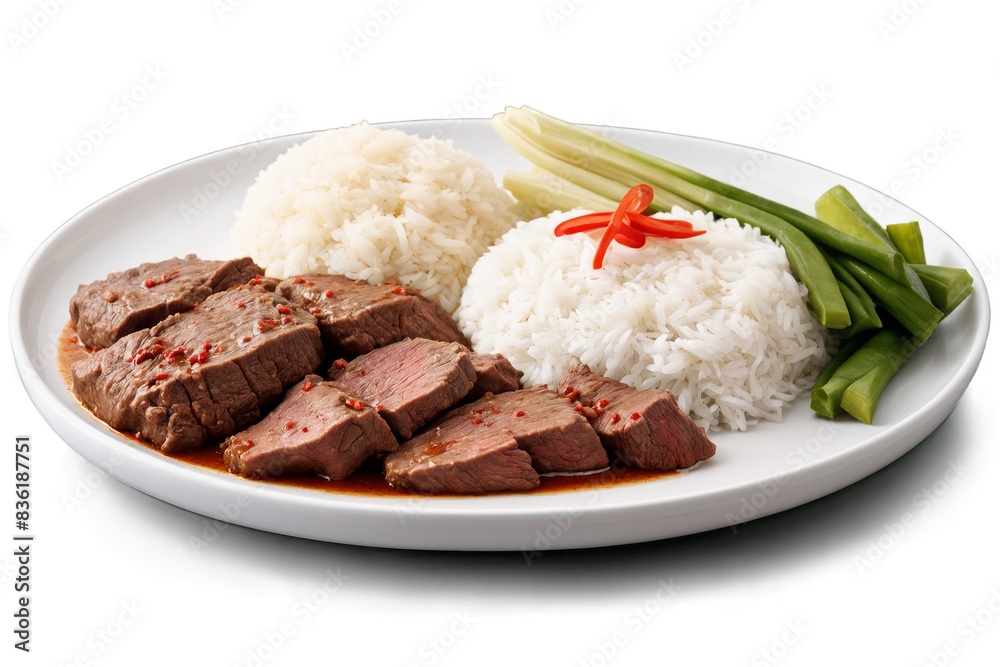A well-presented plate of sliced beef, rice, and green onions on a transparent, white background, great for png A well-presented plate of sliced beef, rice, and green onions on a transparent, white background, great for png