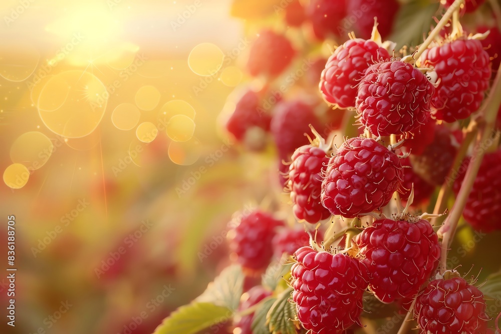 Ripe red raspberries on a branch, bathed in warm sunlight.