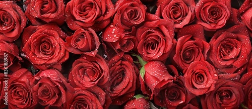 background of many red roses with water drops  top view  valentine s day concept