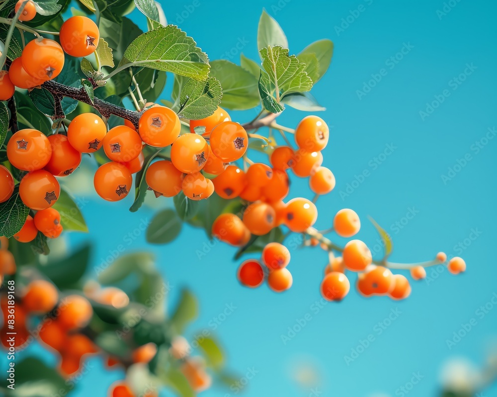 Branch of orange berries against a bright blue sky.  Photogenic autumnal colors and natural beauty.  Perfect for fall themes.