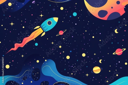 A vibrant and whimsical illustration of a rocket soaring through a colorful outer space, surrounded by stars, planets, and cosmic waves. .
