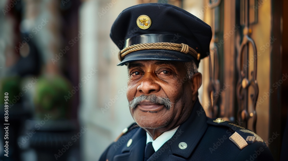 a man in a uniform is standing outside a building with a moustache on his face