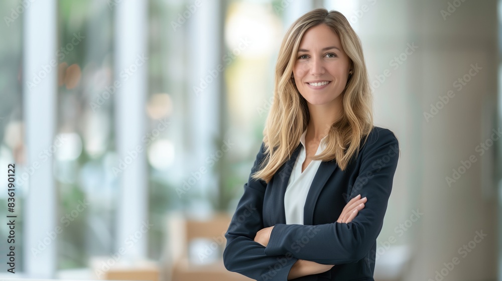 a woman in a business suit standing with her arms crossed and smiling at the camera with a window in the background.. a woman in a business suit standing with her arms crossed and smiling at the camera with a window in the background..