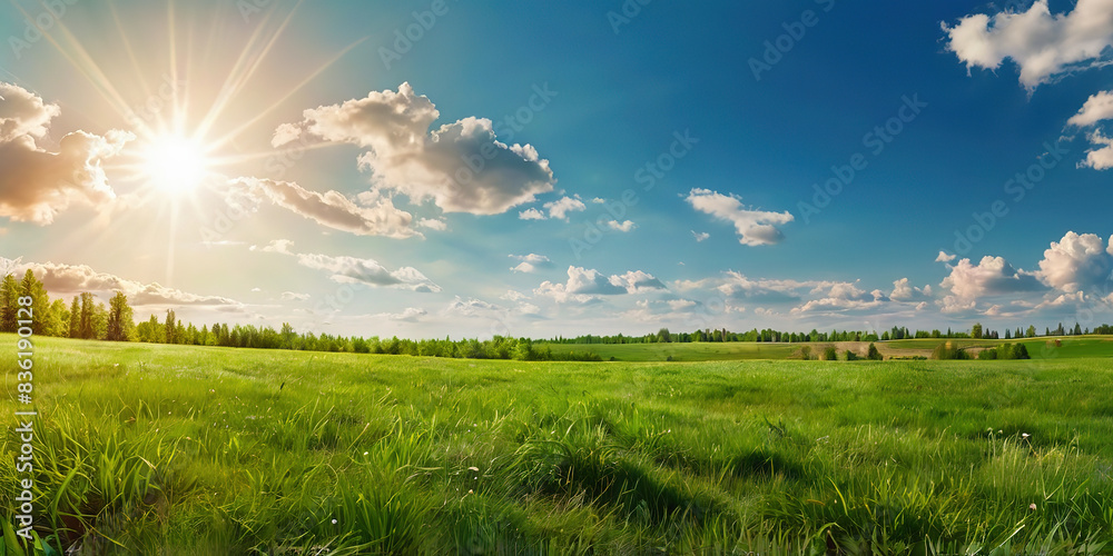 Green field with Beautiful natural landscape of a blue sky with sunset, Spring summer blurred background Green field with Beautiful natural landscape of a blue sky with sunset, Spring summer blurred background