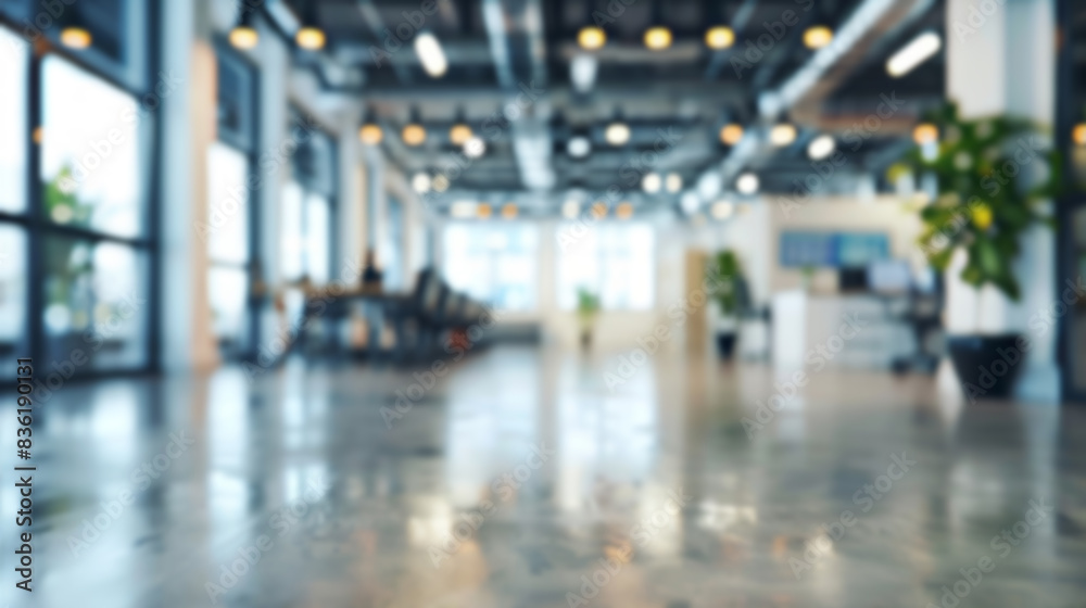 Blurred modern office background. Wide blurred image of a modern open plan office space with natural light, ideal for background use.
