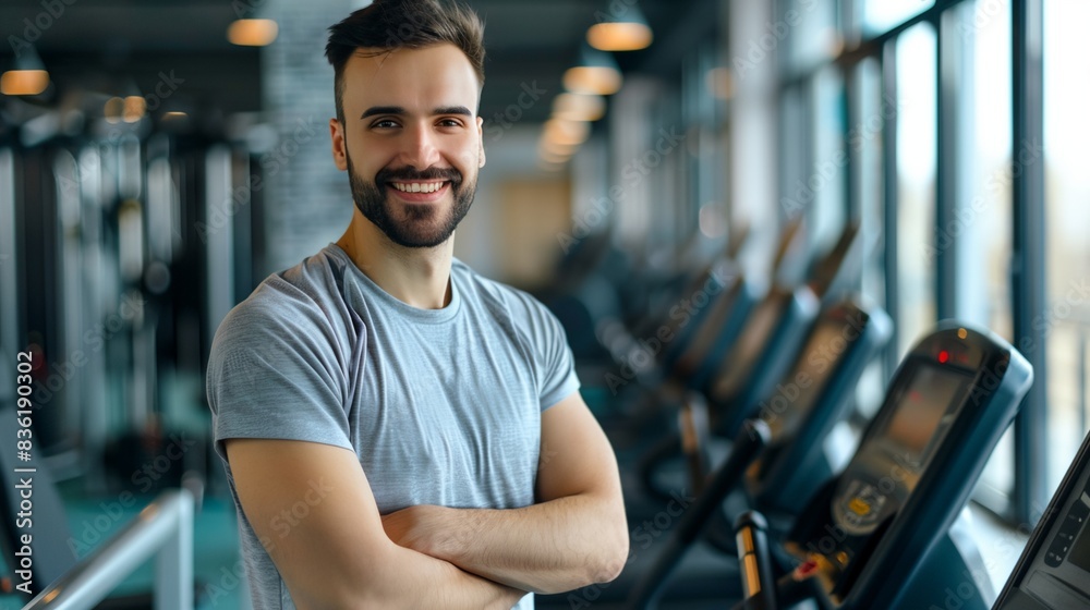 a man standing in front of a row of treadmills in a gym smiling at the camera with his arms crossed.. a man standing in front of a row of treadmills in a gym smiling at the camera with his arms crossed..