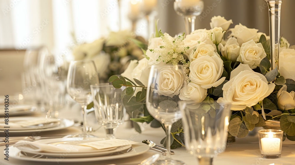 a table with a vase of white flowers and candles on it a table with a vase of white flowers and candles on it