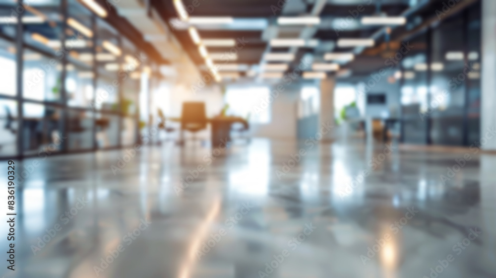 Blurred modern office background. Empty modern open plan office with concrete floor, glass walls, and natural light. Perfect for business, technology, or workplace concepts.