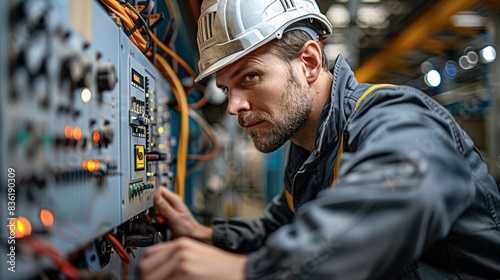 Electrical technician troubleshooting a transformer. Industrial area with machinery. 