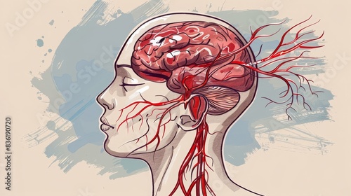 Illustration of human brain anatomy with detailed circulatory system, showing blood vessels and neural pathways in artistic style. photo