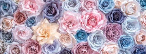 Beautiful paper roses background  pastel color wall with white pink and blue roses