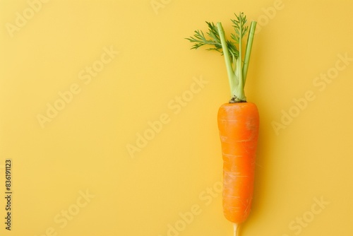 Single, vibrant orange carrot with a lush green top lies against a bright yellow background, exemplifying healthy eating and minimalist food presentation