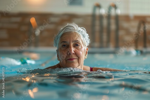 Senior Woman Swims in Indoor Pool Portrait © mattegg