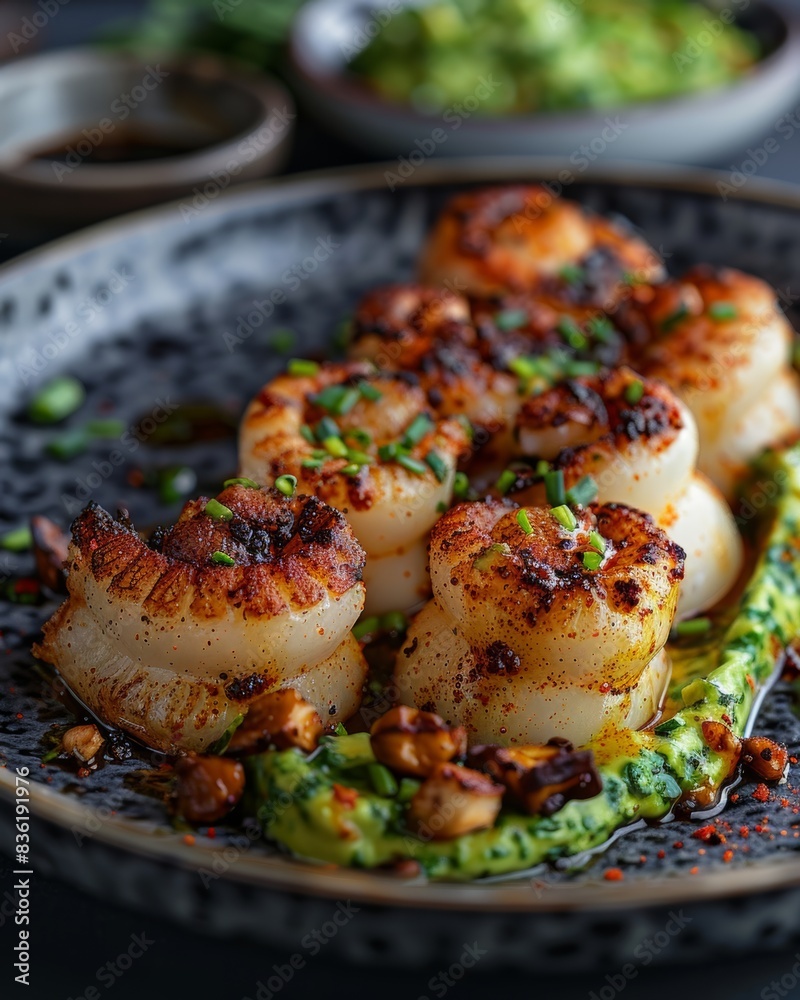 Grilled scallops with avocado sauce on plate, closeup Grilled scallops with avocado sauce on plate, closeup
