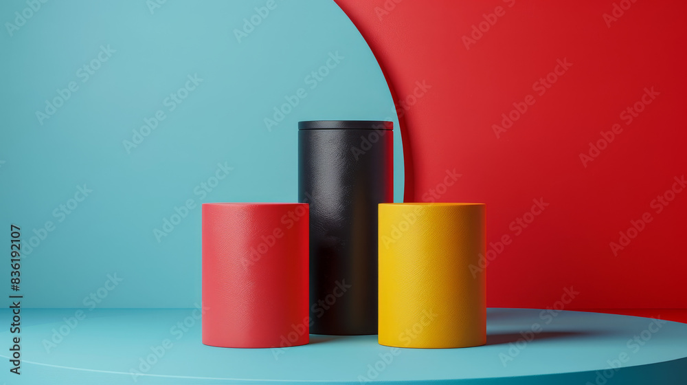 Three cylindrical objects are placed on a blue and red background
