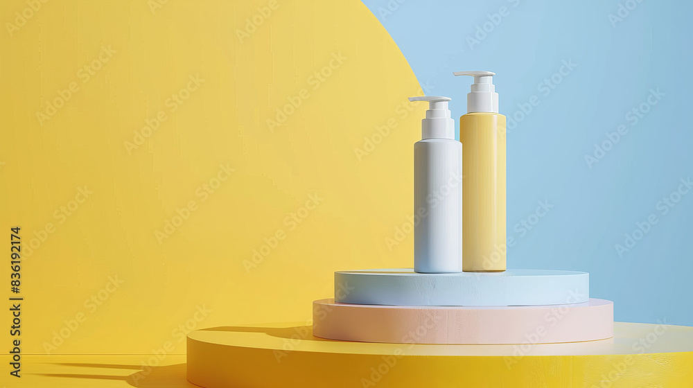 Two bottles of lotion are displayed on a yellow and blue background Two bottles of lotion are displayed on a yellow and blue background