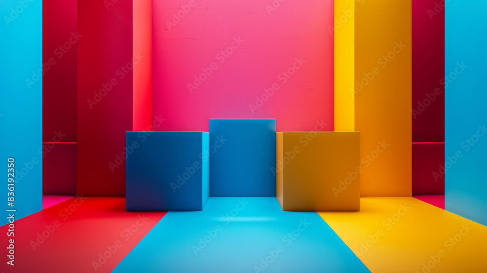 A colorful room with three blue boxes and two yellow boxes A colorful room with three blue boxes and two yellow boxes