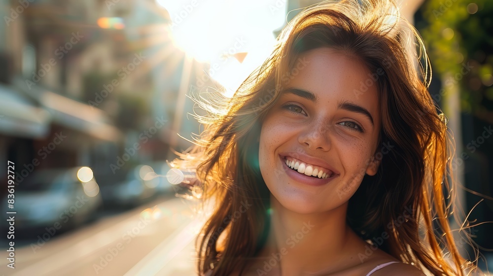 Smiling brunette woman walking down the street low angle sunny light Smiling brunette woman walking down the street low angle sunny light