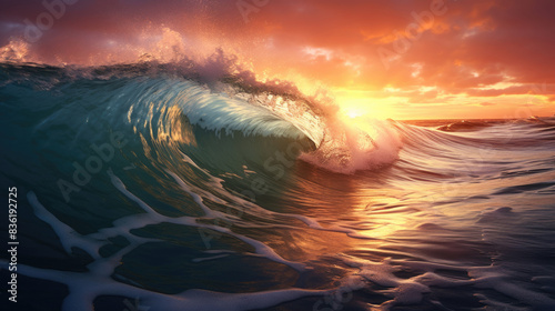 Vibrant sunset or sunrise with large wave crashing on beach under colorful clouds