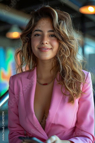  smile empowered latina business woman wearing a pink suit holding a cellphone 