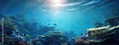 Underwater scene with colorful coral reef and various tropical fish  background