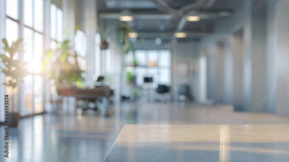 Modern office background with empty desk. Bright and spacious open-plan office with empty desk in focus, ideal for displaying products or promoting workspace solutions.