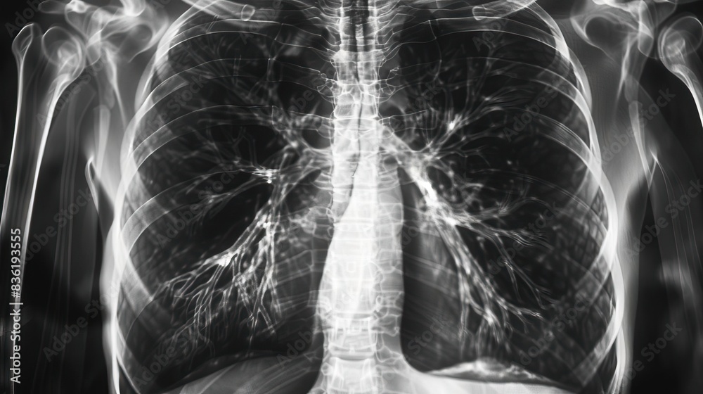 A clinical Xray image of the lungs, emphasizing the bronchi structure in black and white, with clear bone and ligament alignment for thorough diagnosis A clinical Xray image of the lungs, emphasizing the bronchi structure in black and white, with clear bone and ligament alignment for thorough diagnosis