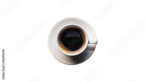 Isolated on white, a steaming cup of hot black coffee awaits in a ceramic mug